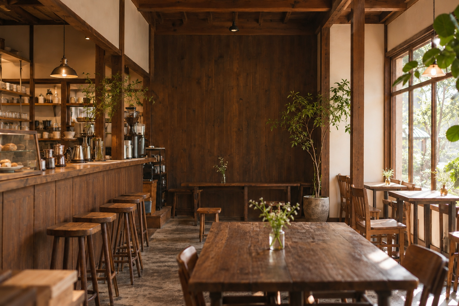A quiet cafe with soft light falling across warm wood